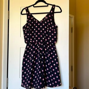Lush: Navy Mini Dress size Small white/mauve pink polka dots, cross-strap back